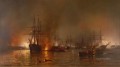 La flota de Mauritz de Haas Farragut pasando los fuertes debajo de las batallas navales de Nueva Orleans